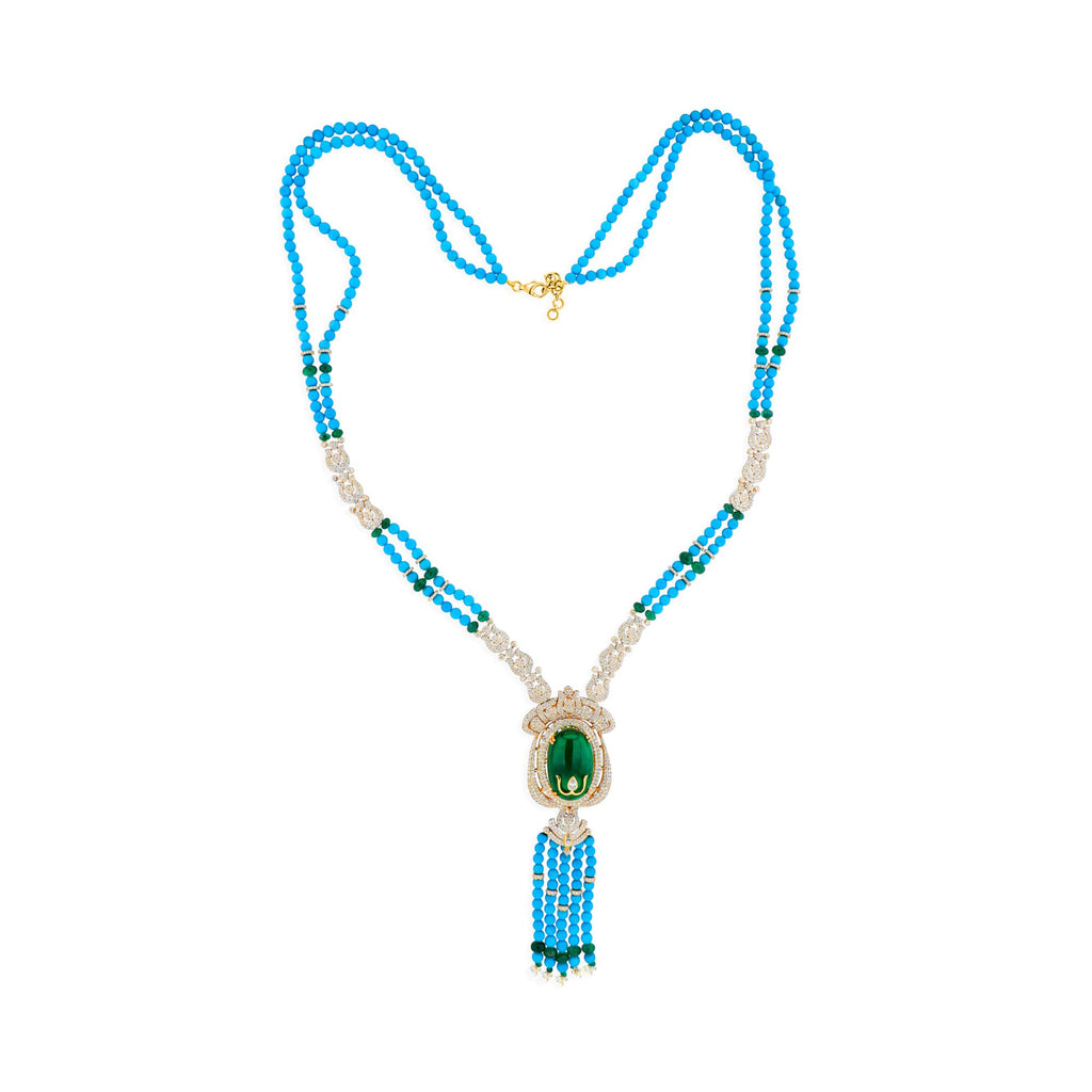 Natural Turquoise Emerald & Diamond Drop Beads Necklace in Fine Gold