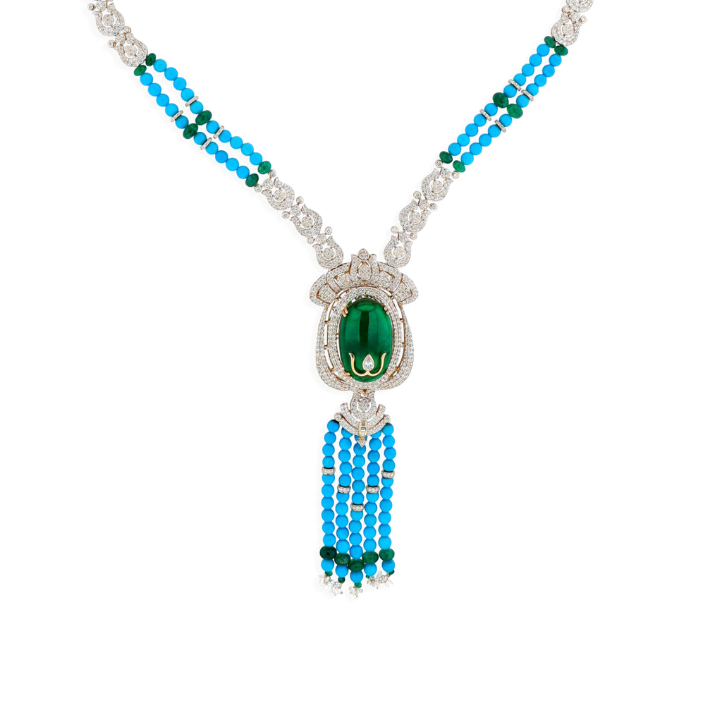 Natural Turquoise Emerald & Diamond Drop Beads Necklace in Fine Gold