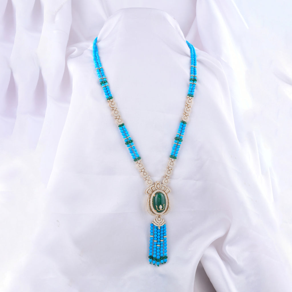 Natural Turquoise Emerald & Diamond Drop Beads Necklace in Fine Gold