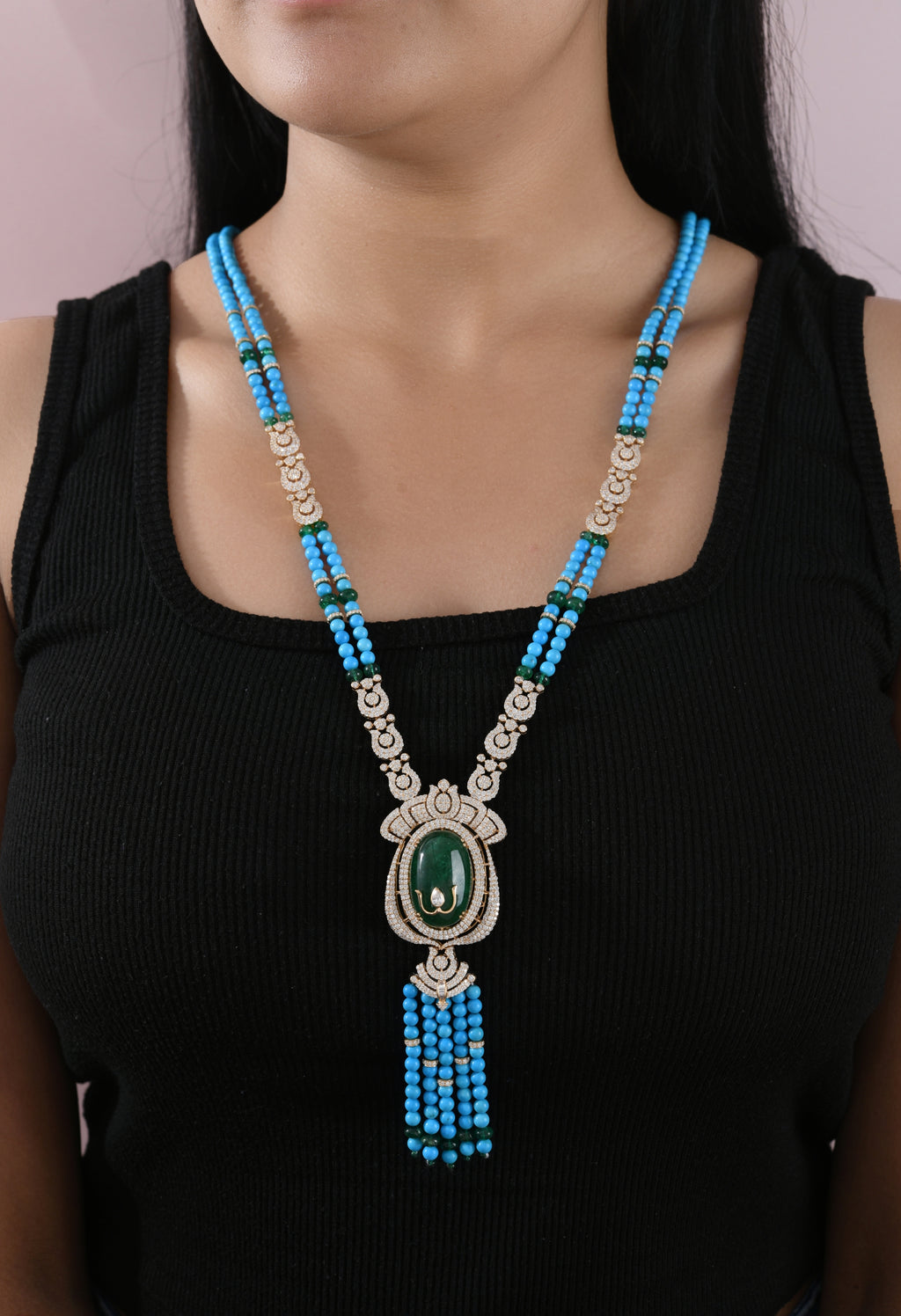 Natural Turquoise Emerald & Diamond Drop Beads Necklace in Fine Gold
