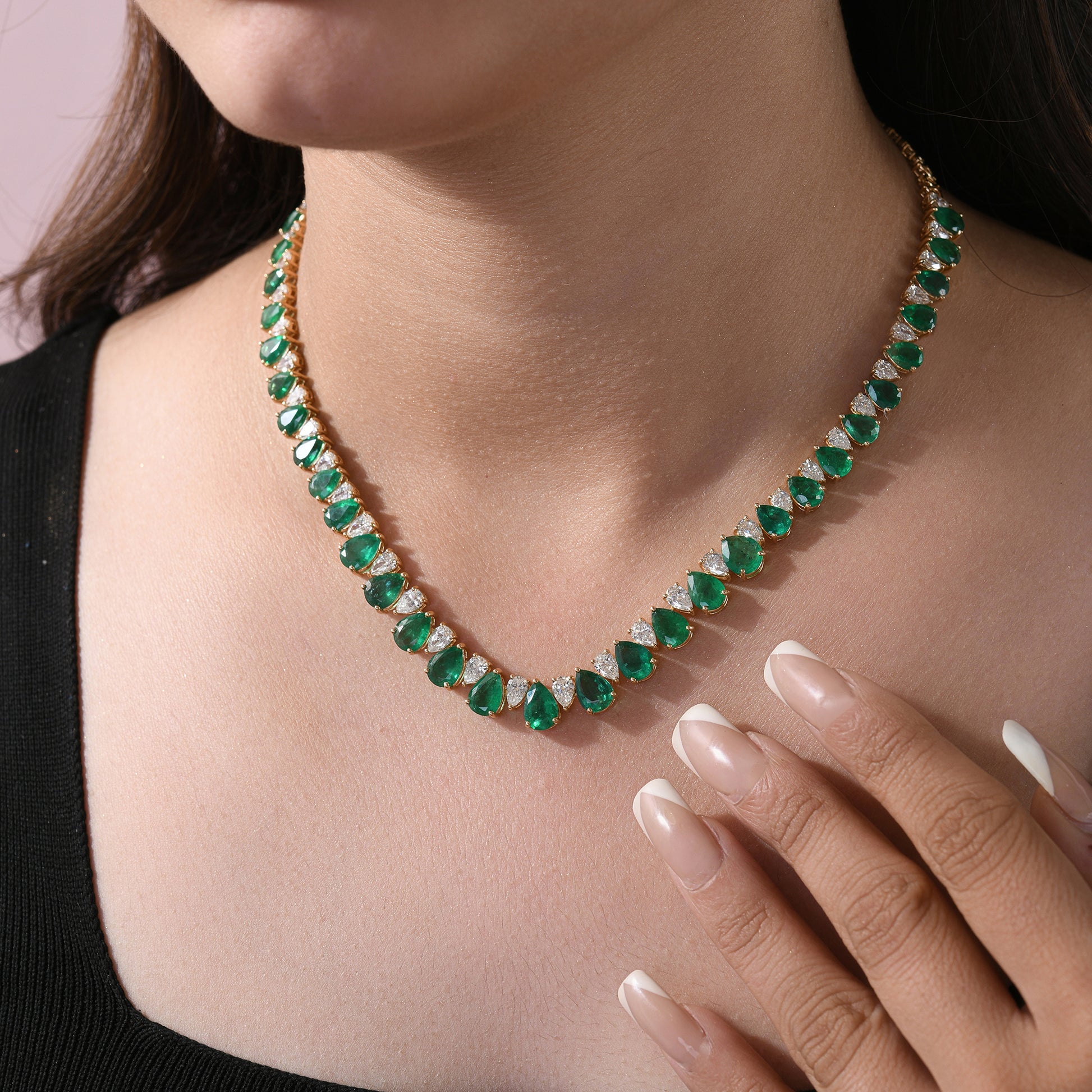 Exclusive Pear Cut Natural Zambian Emerald Diamond Fine Gold Necklace