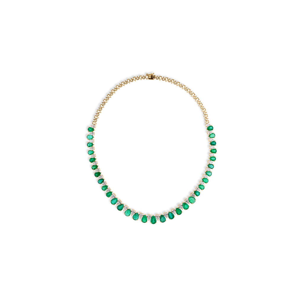 Exclusive Pear Cut Natural Zambian Emerald Diamond Fine Gold Necklace