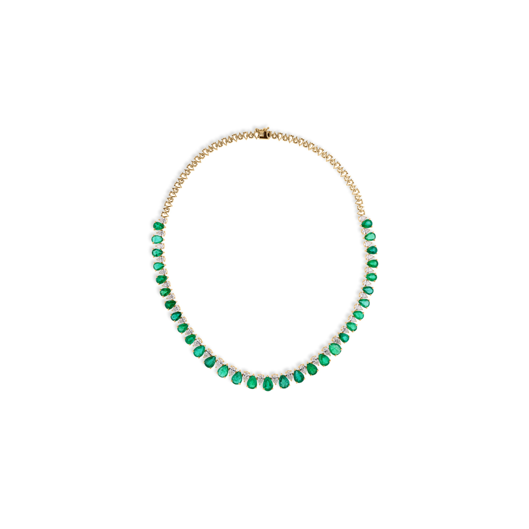 Exclusive Pear Cut Natural Zambian Emerald Diamond Fine Gold Necklace
