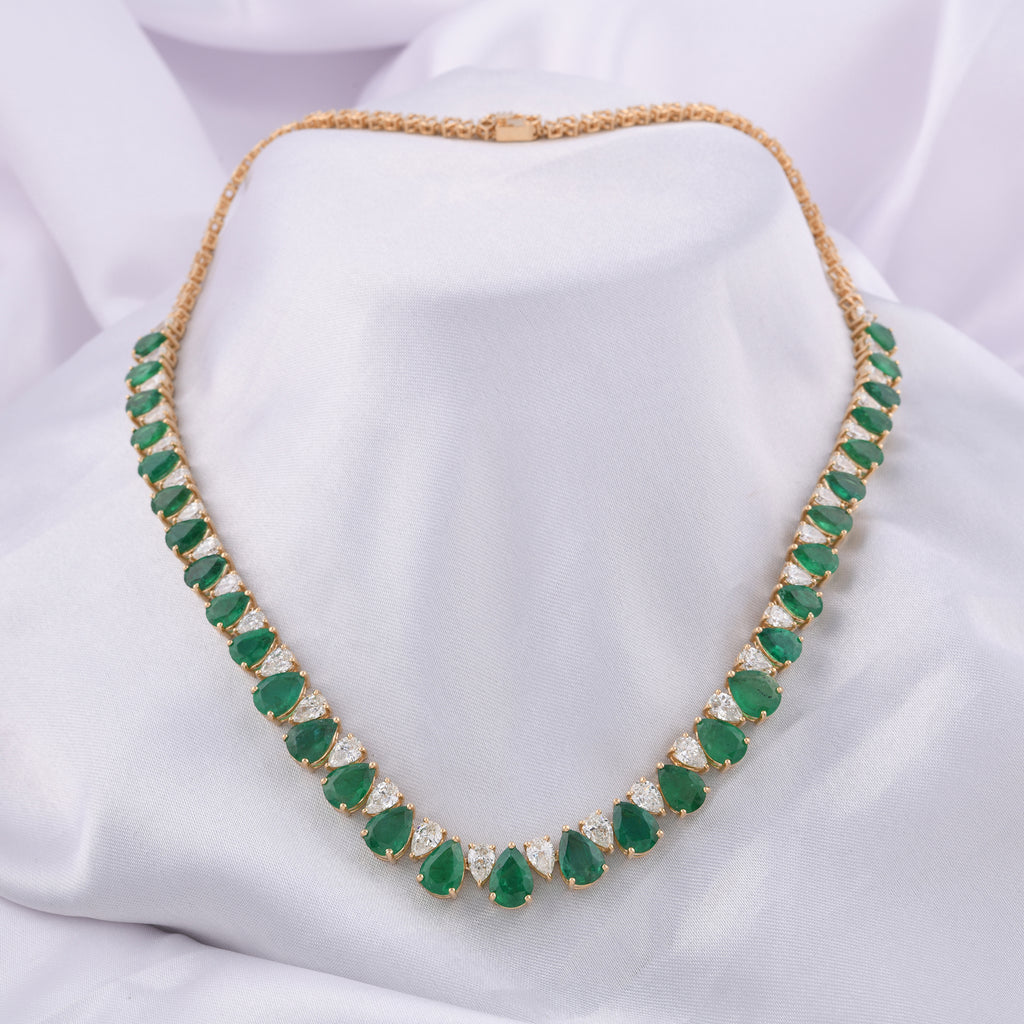 Exclusive Pear Cut Natural Zambian Emerald Diamond Fine Gold Necklace