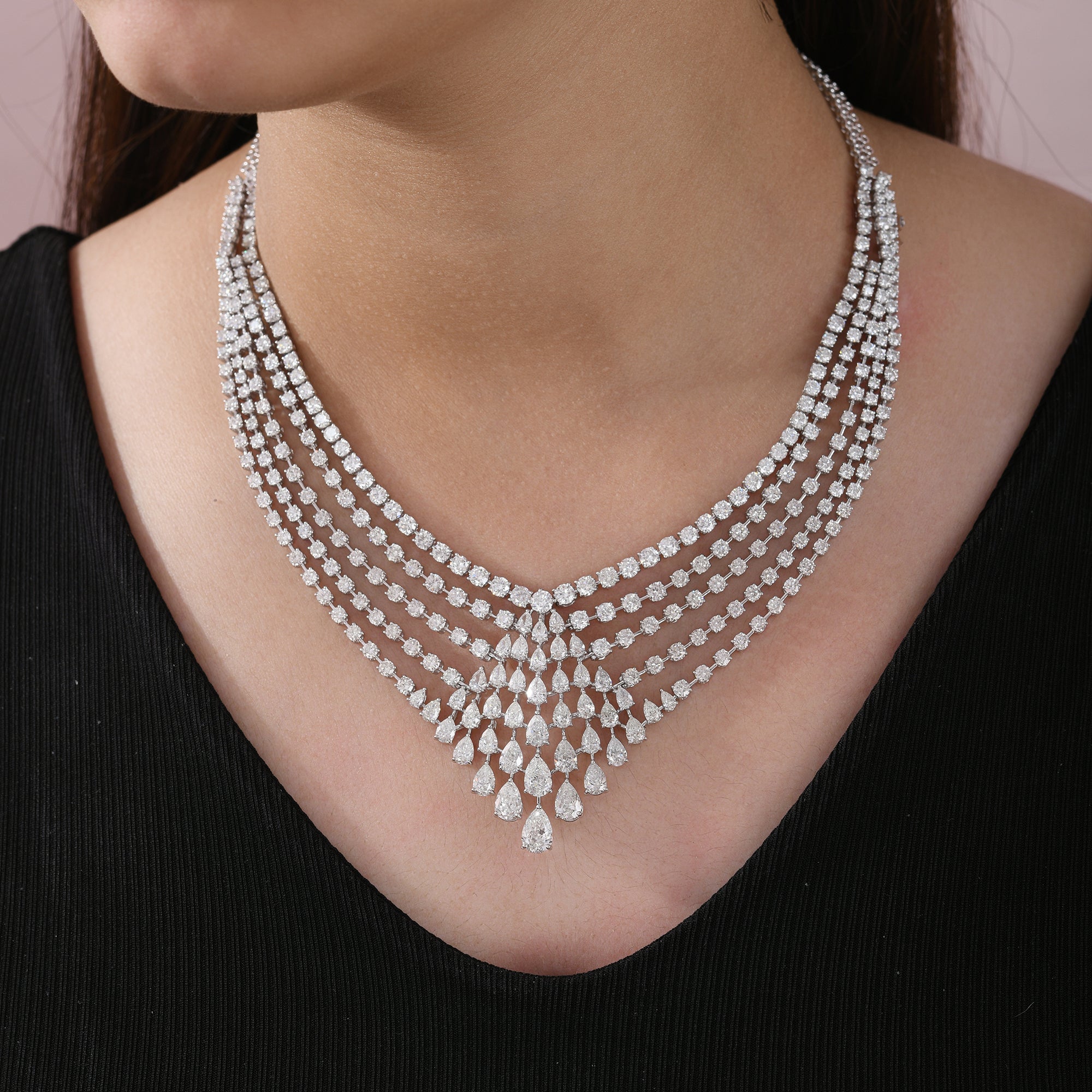Statement Round Pear Cut Diamond Layered Necklace
