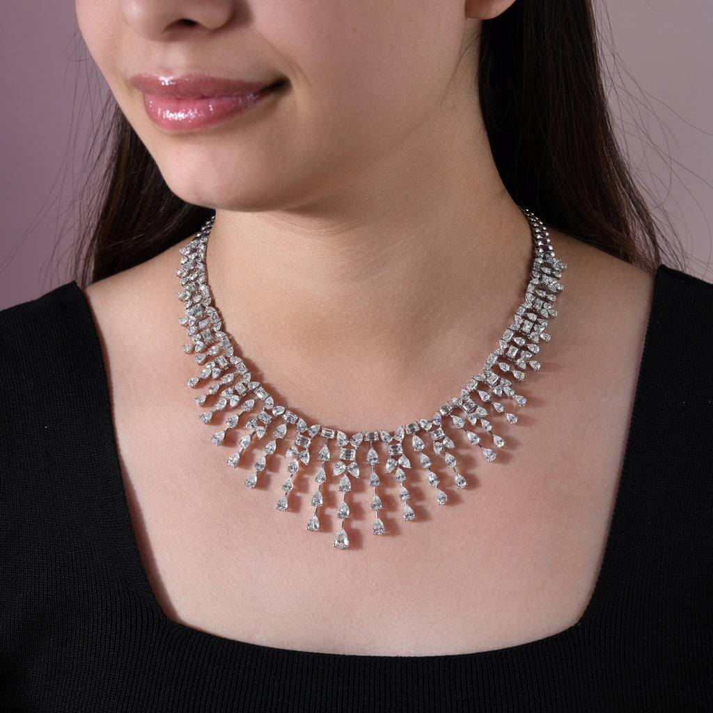 Designer Fine Gold Necklace with Dangling Pear Emerald Cut Diamond