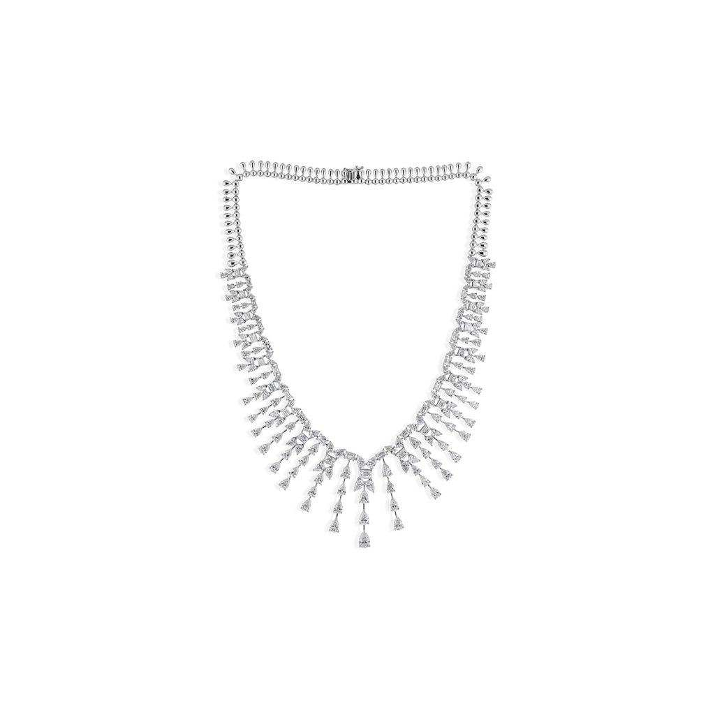 Designer Fine Gold Necklace with Dangling Pear Emerald Cut Diamond