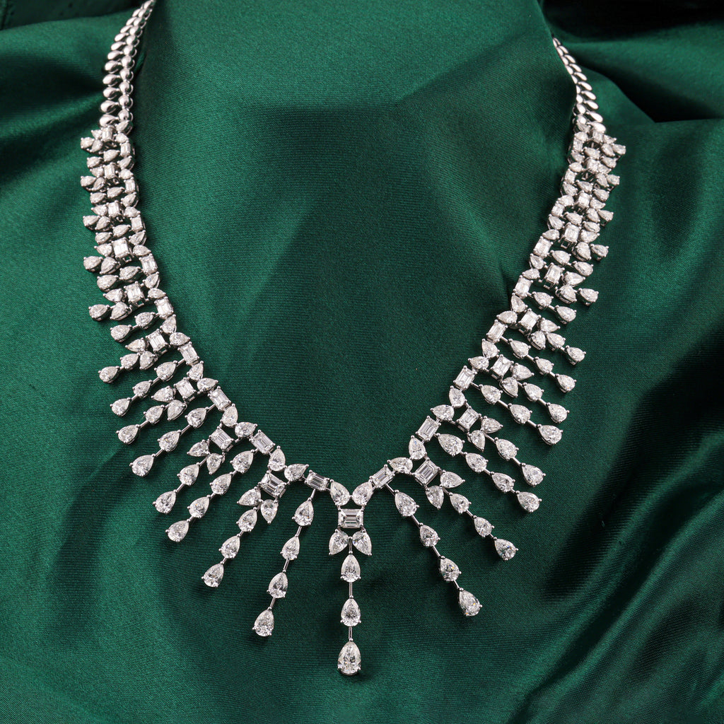 Designer Fine Gold Necklace with Dangling Pear Emerald Cut Diamond