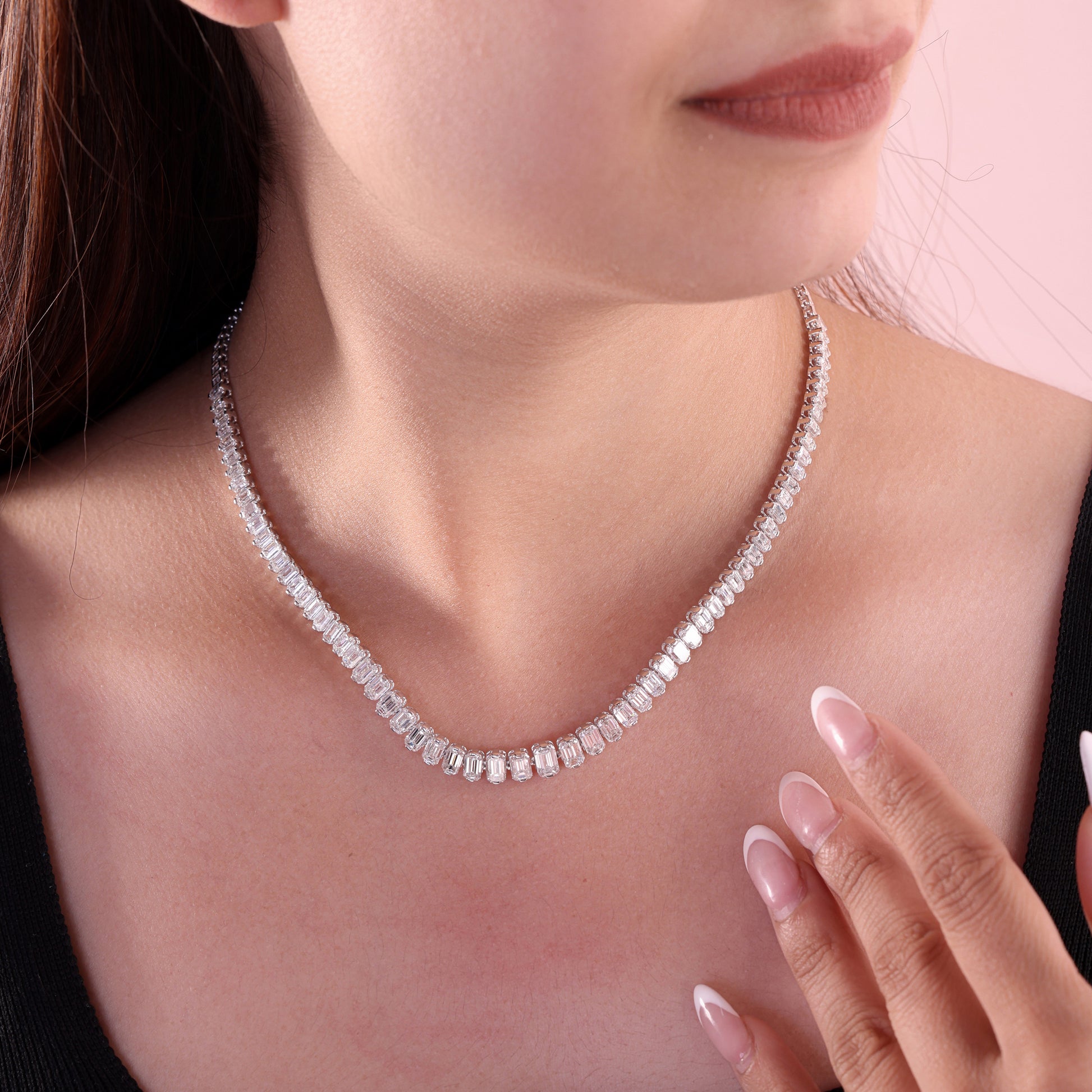 Diamond Tennis Necklace 17ct Emerald Cut Natural 14K Gold