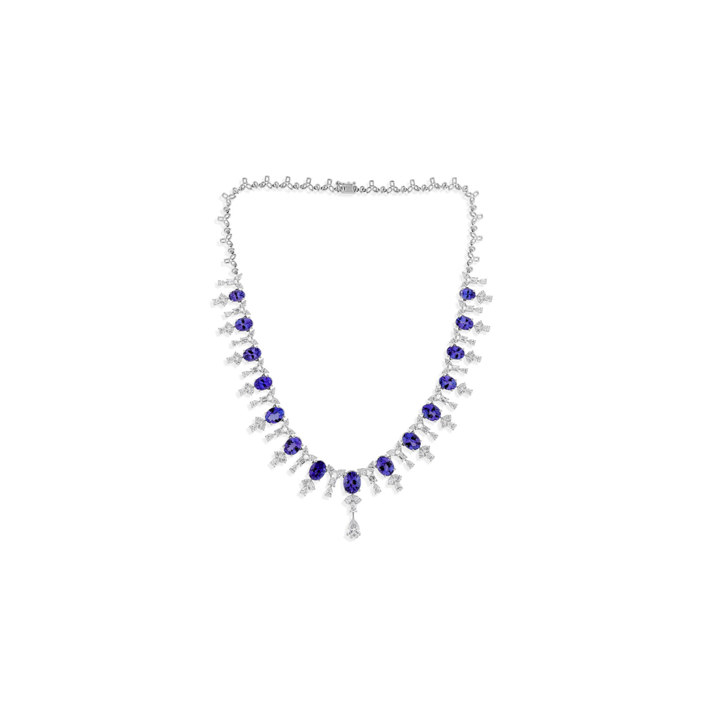 Classic Bridal Oval Tanzanite & Multi Cut Diamond Fine Gold Necklace
