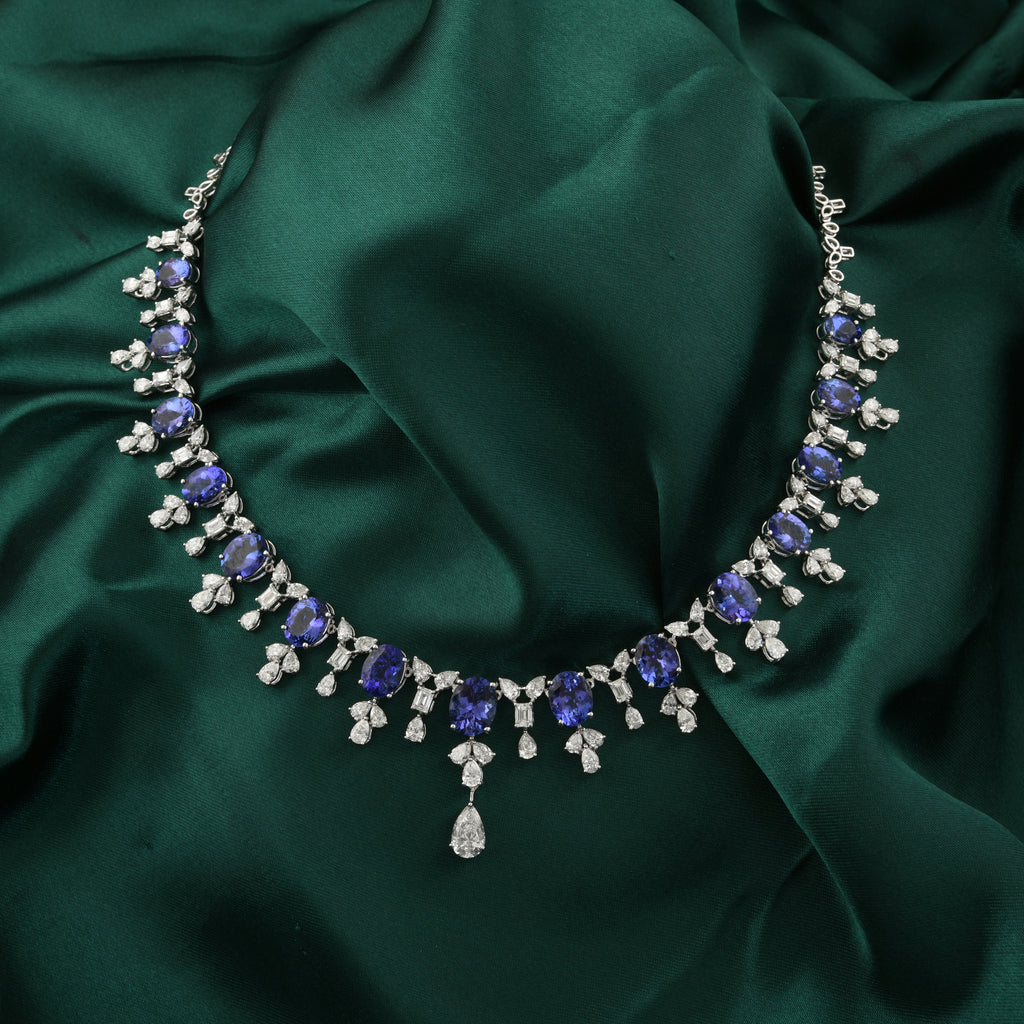 Classic Bridal Oval Tanzanite & Multi Cut Diamond Fine Gold Necklace