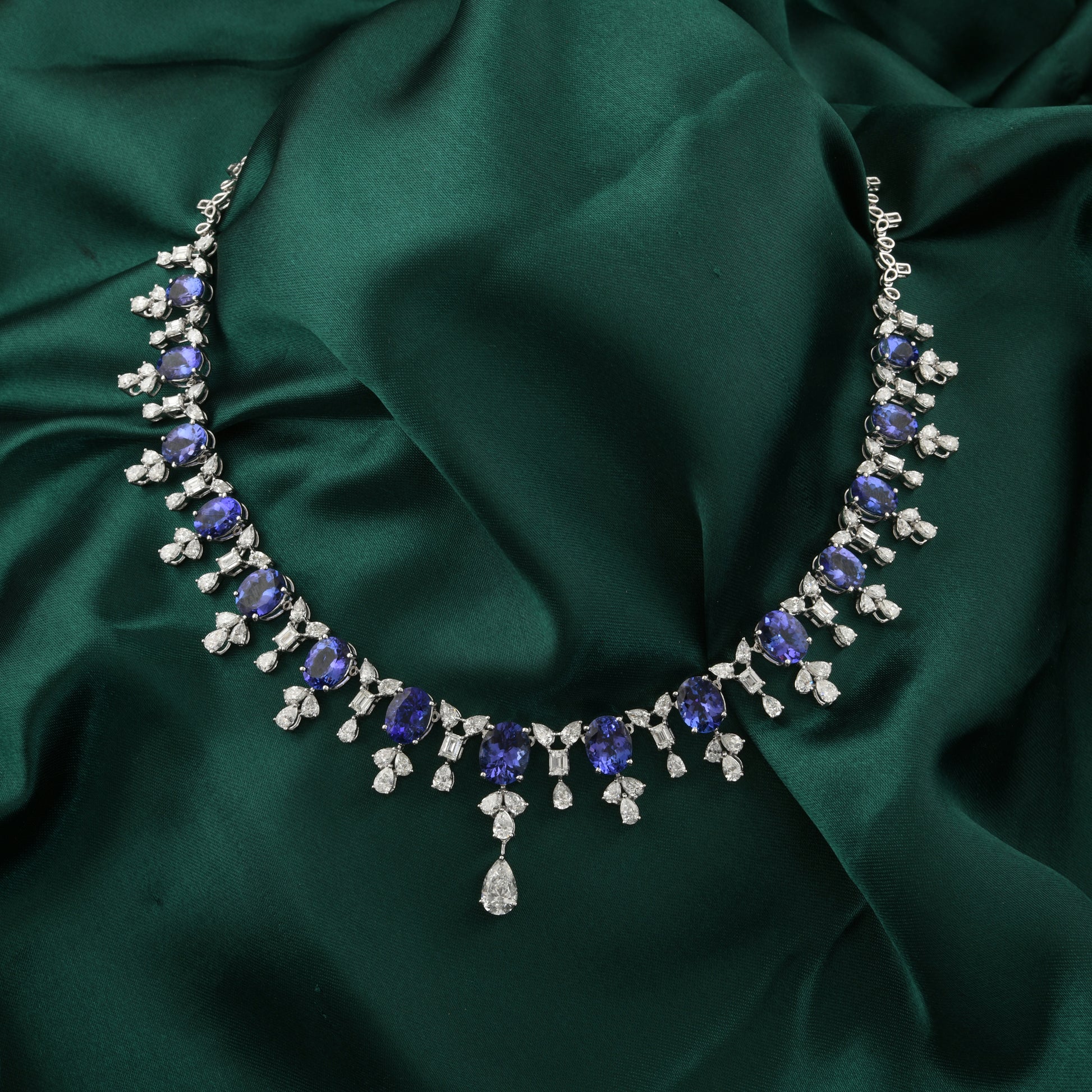 Classic Bridal Oval Tanzanite & Multi Cut Diamond Fine Gold Necklace