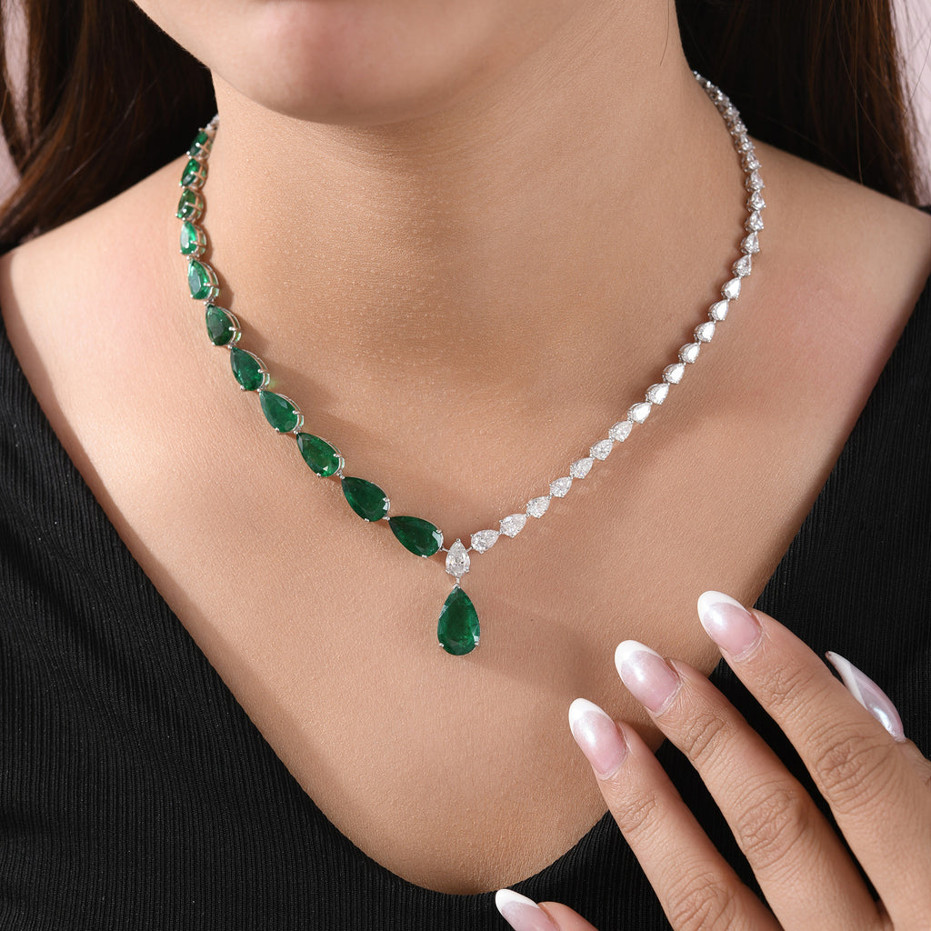 Unique Natural Pear Cut Zambian Emerald Diamond Drop Necklace