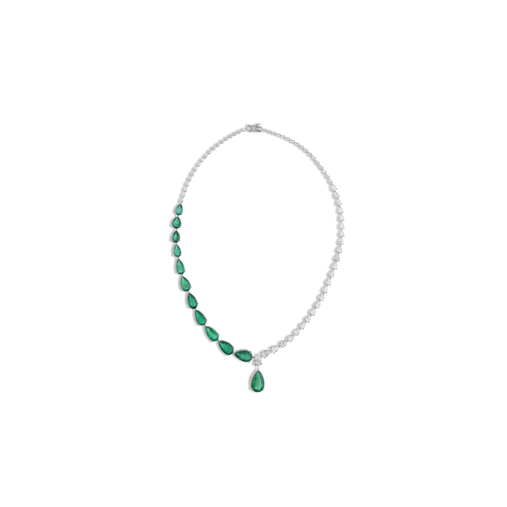 Unique Natural Pear Cut Zambian Emerald Diamond Drop Necklace