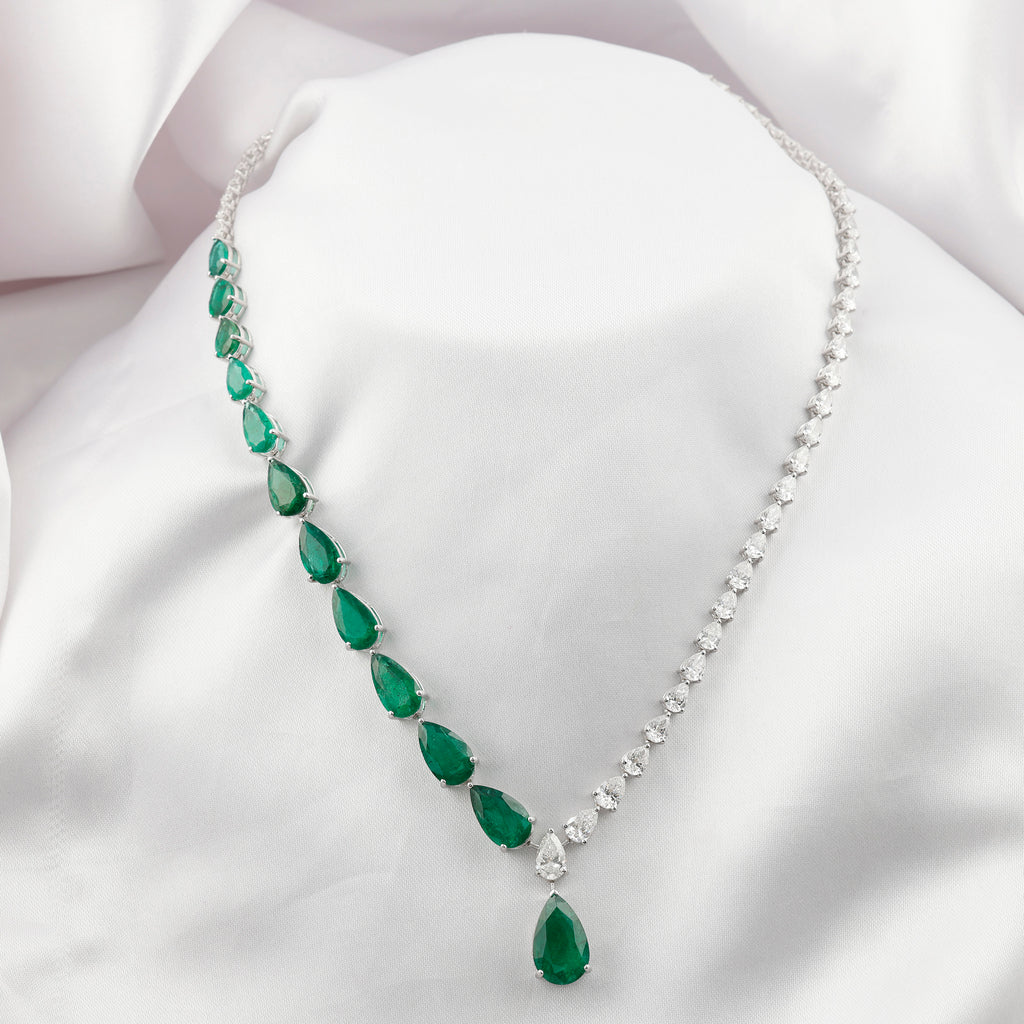 Unique Natural Pear Cut Zambian Emerald Diamond Drop Necklace