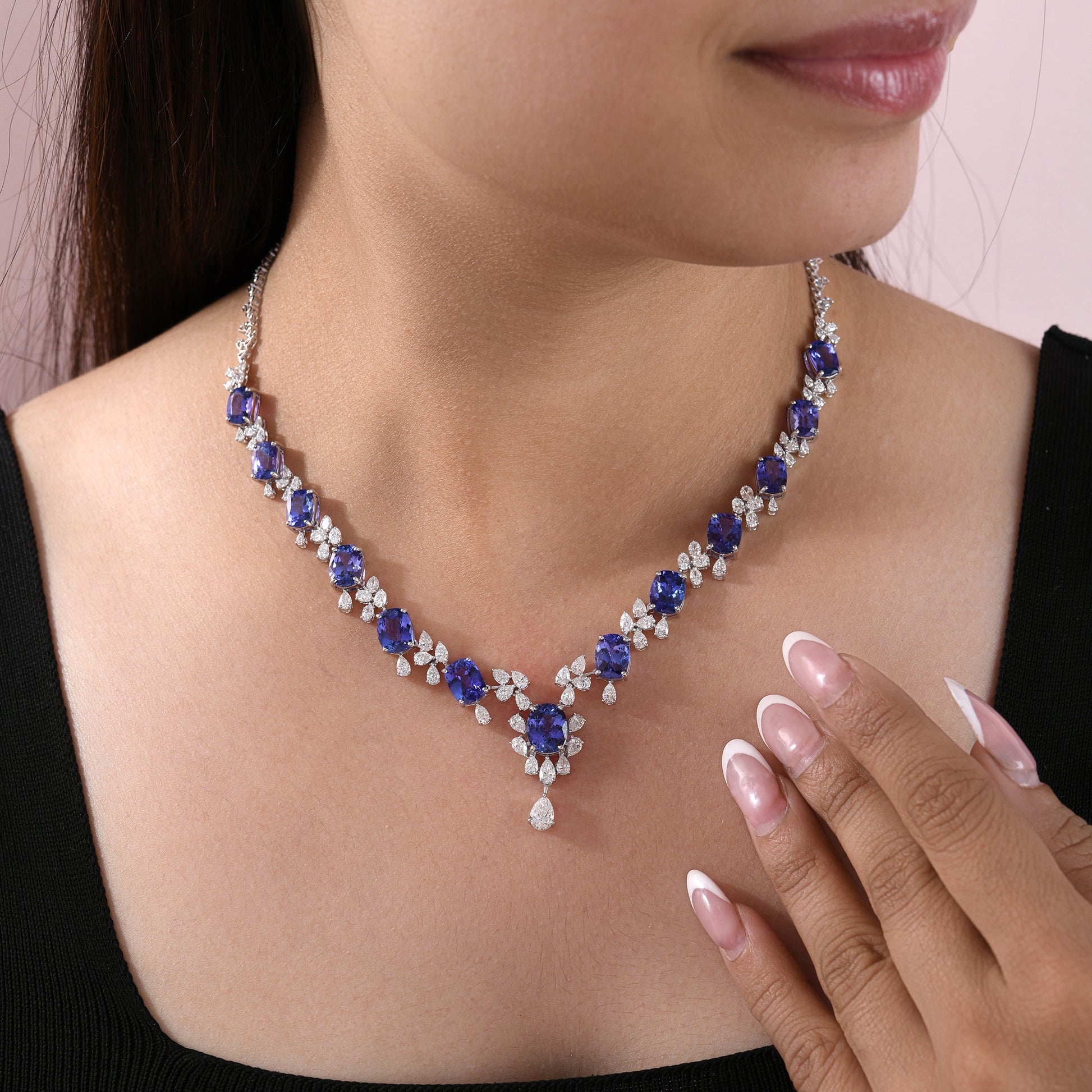 Luxury Cushion Cut Tanzanite Necklace with Diamond Accents