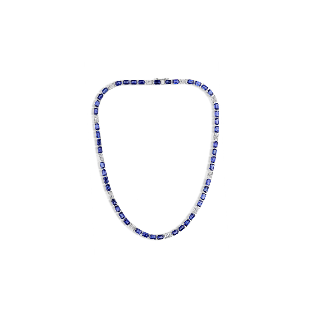 Genuine Blue Sapphire & Diamond Tennis Necklace in Solid Gold