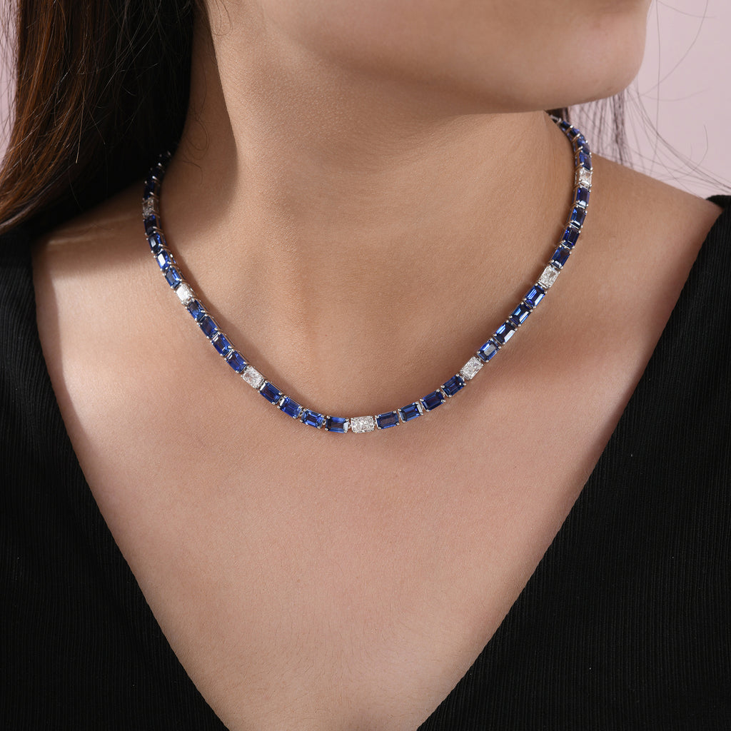 Genuine Blue Sapphire & Diamond Tennis Necklace in Solid Gold