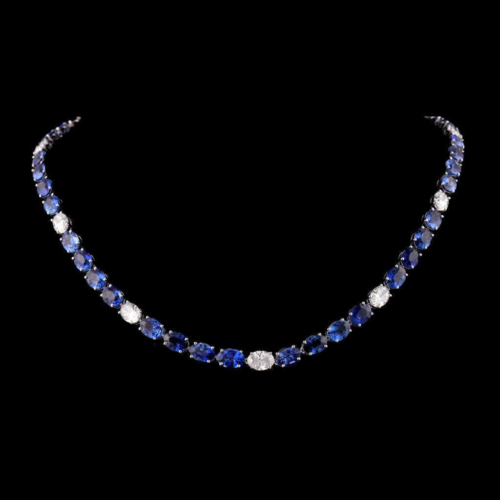 Oval Blue Sapphire and Diamond Tennis Necklace in Fine Gold Jewelry
