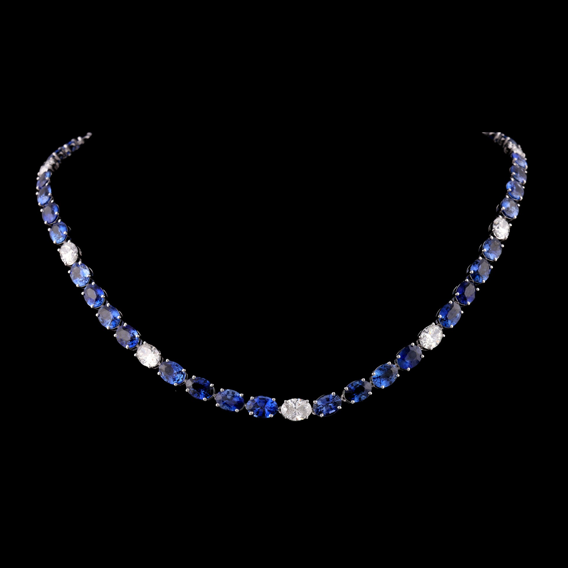 Oval Blue Sapphire and Diamond Tennis Necklace in Fine Gold Jewelry