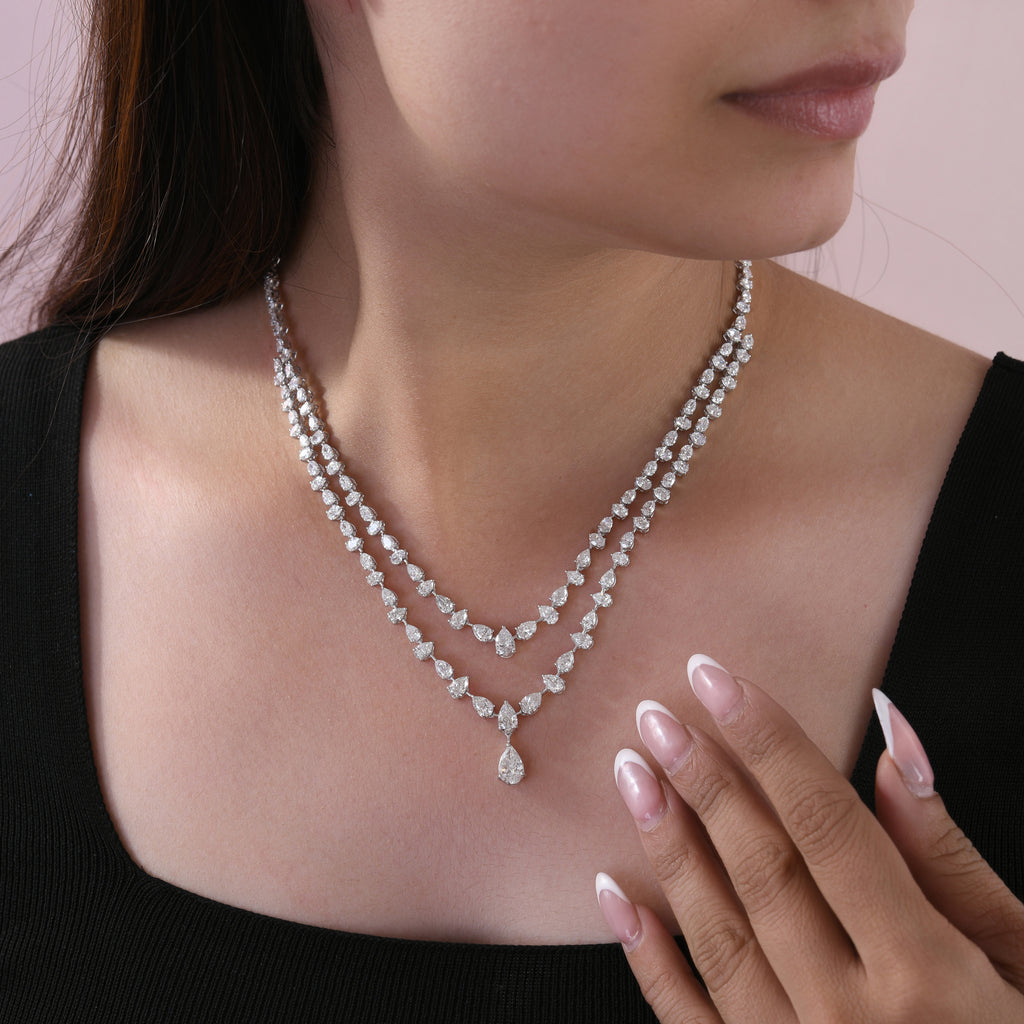 Double Strand Pear Oval Cut Diamond Drop Necklace in Fine Gold
