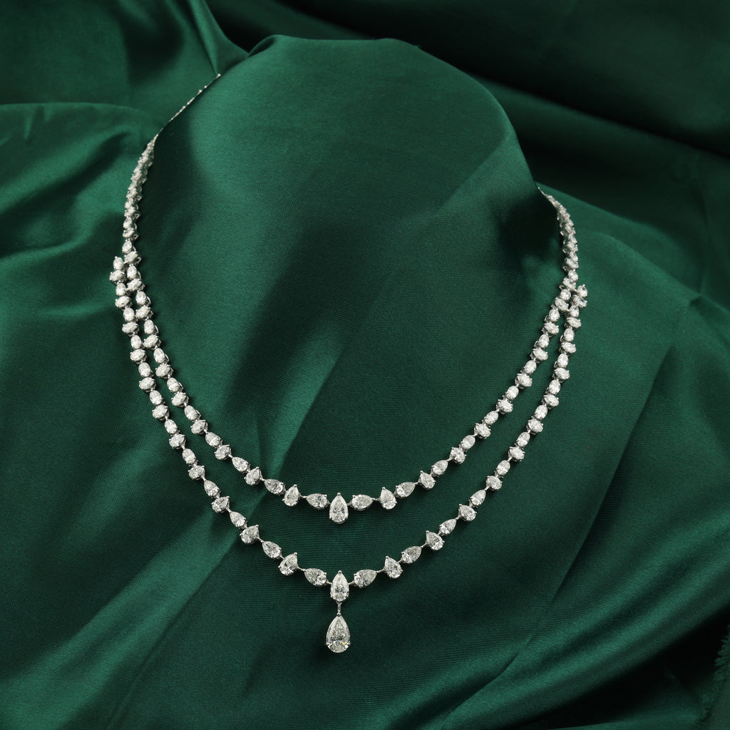 Double Strand Pear Oval Cut Diamond Drop Necklace in Fine Gold