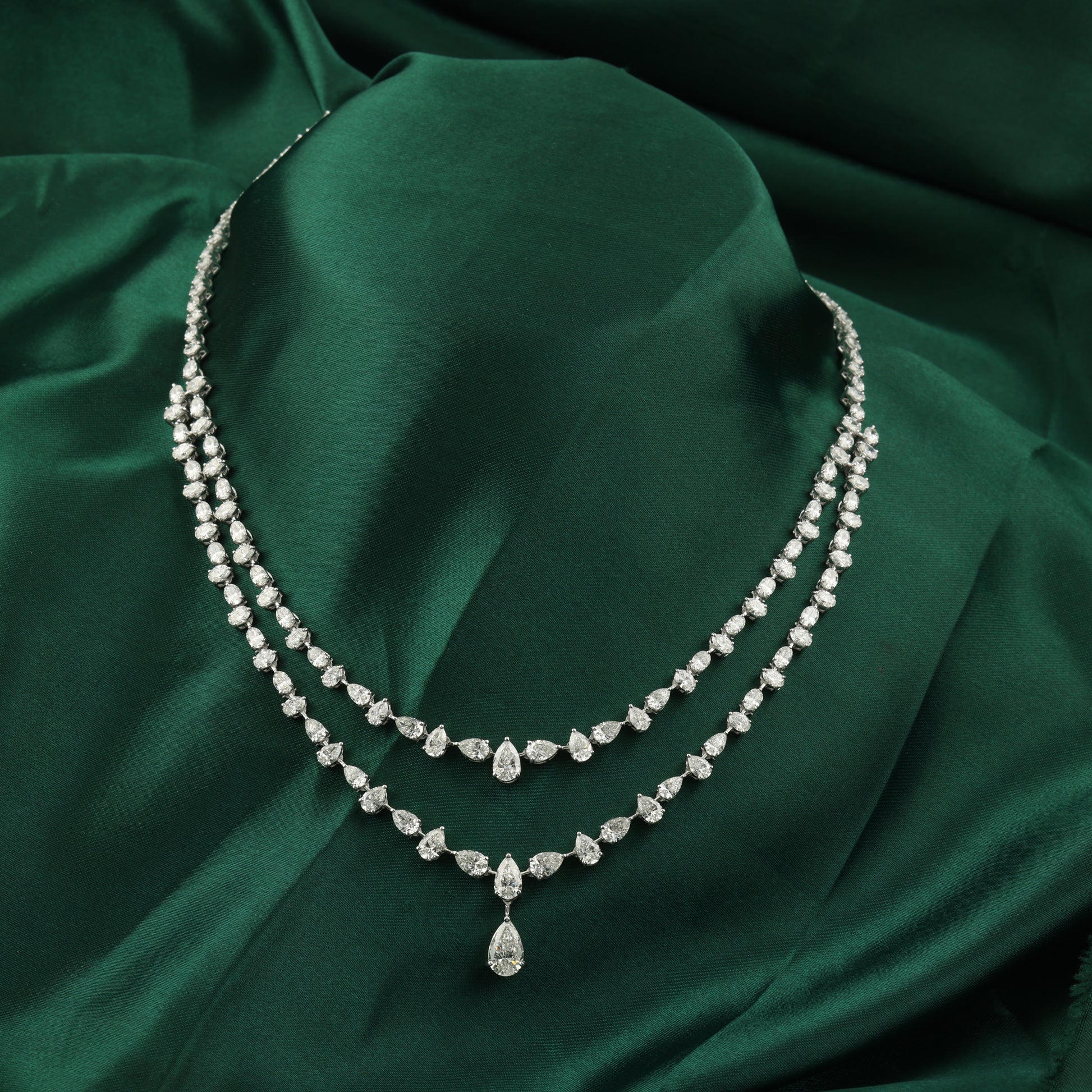 Double Strand Pear Oval Cut Diamond Drop Necklace in Fine Gold