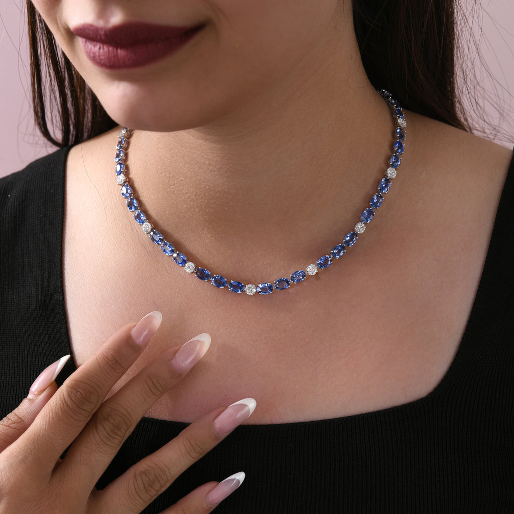 Diamond Tennis Necklace Sapphire Natural 14K Gold