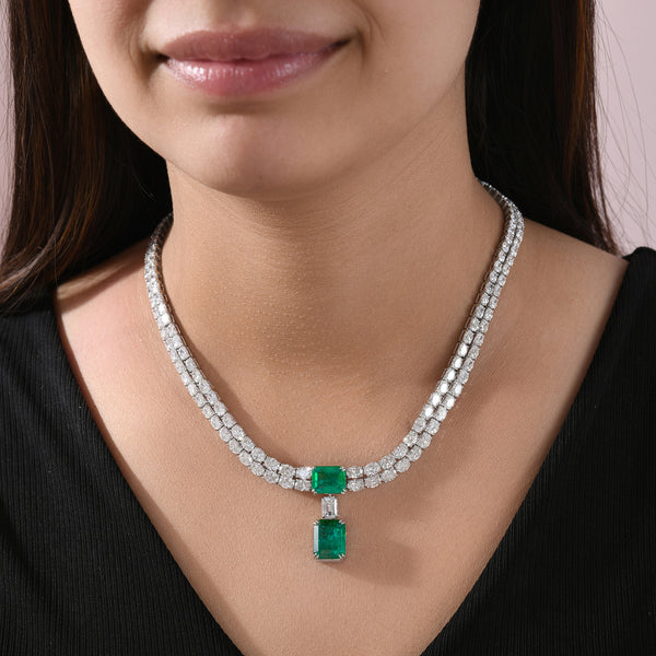 Statement Natural Zambian Emerald Diamond Bridal Necklace