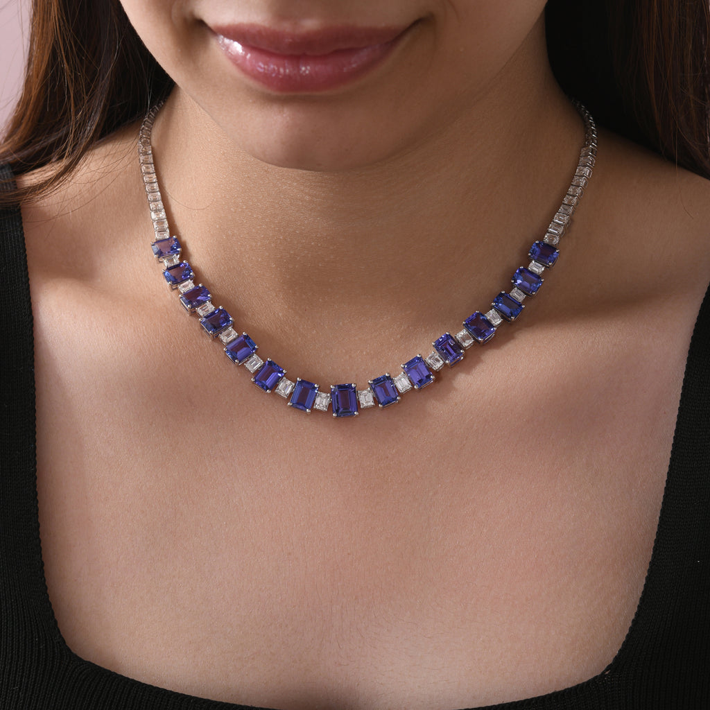 Exclusive Emerald Cut Tanzanite Diamond Necklace in Fine Gold