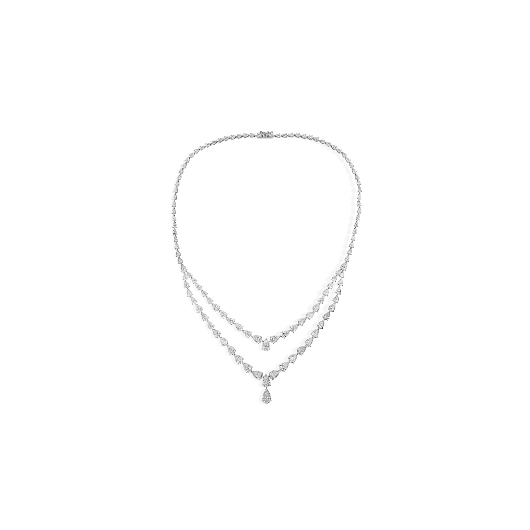 Pear Cut Diamond Double Strand Drop Necklace in Fine Gold