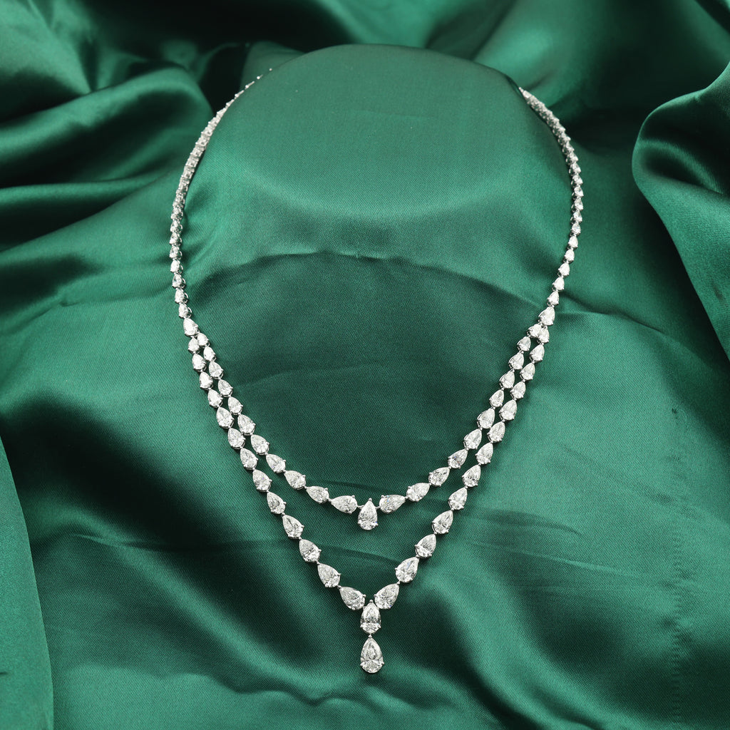 Pear Cut Diamond Double Strand Drop Necklace in Fine Gold