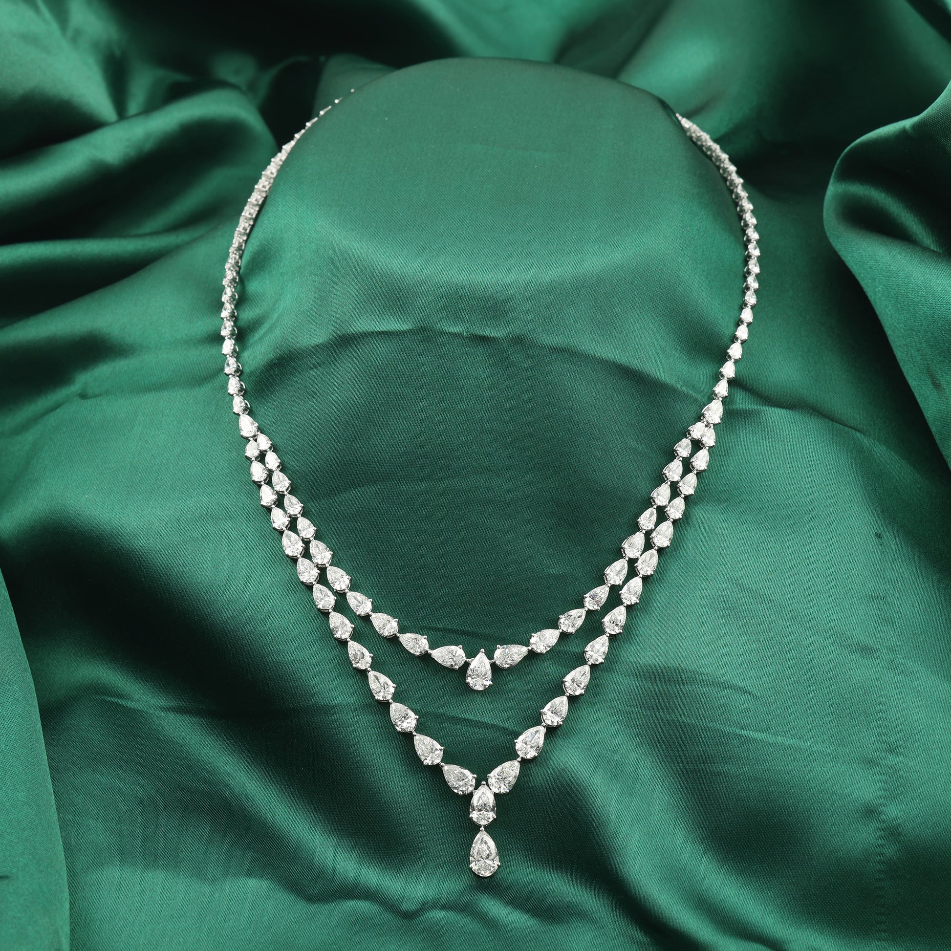 Pear Cut Diamond Double Strand Drop Necklace in Fine Gold