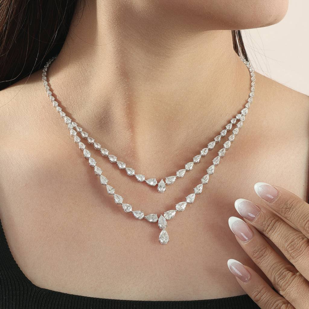 Pear Cut Diamond Double Strand Drop Necklace in Fine Gold