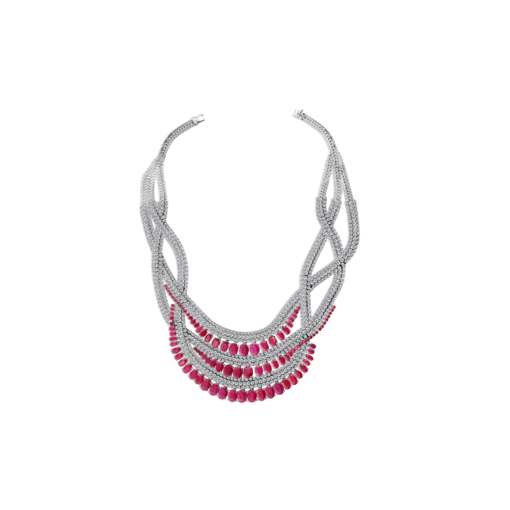 Exclusive Multi Strand Oval Ruby Diamond Statement Necklace