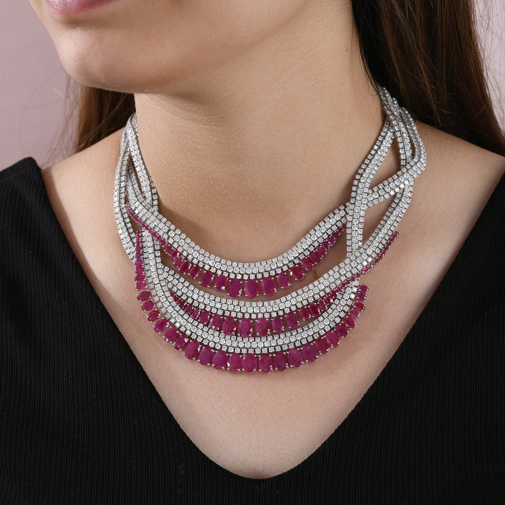 Exclusive Multi Strand Oval Ruby Diamond Statement Necklace