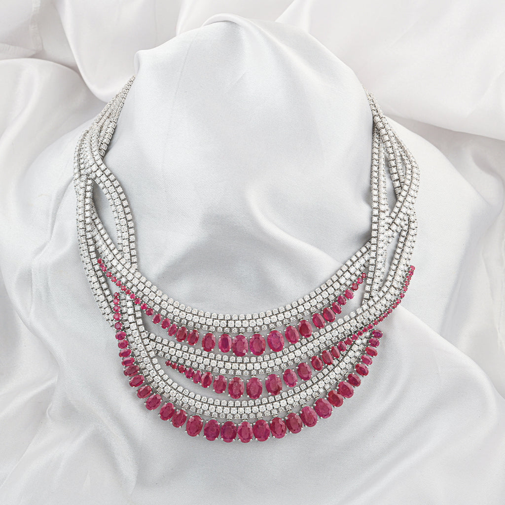 Exclusive Multi Strand Oval Ruby Diamond Statement Necklace