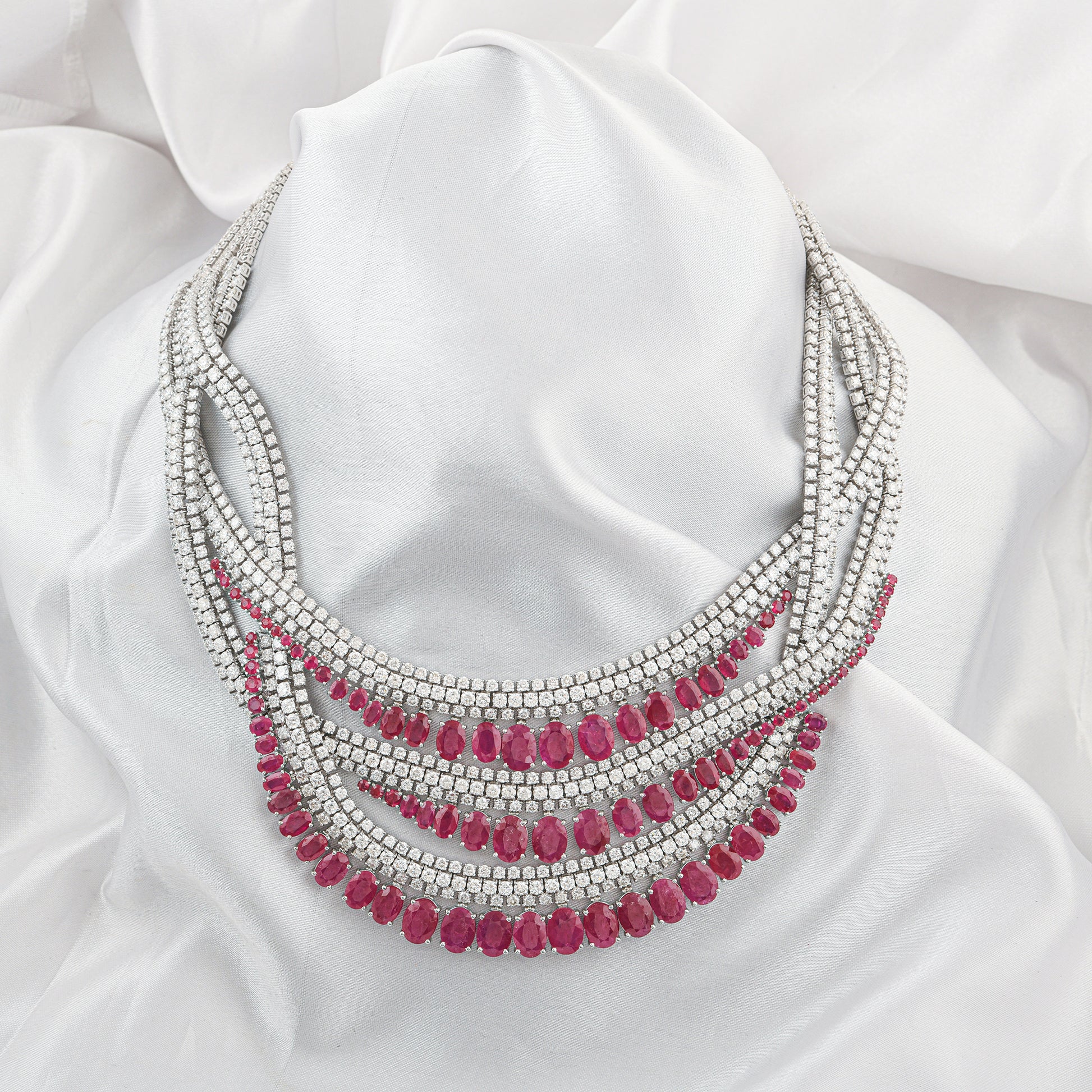 Exclusive Multi Strand Oval Ruby Diamond Statement Necklace