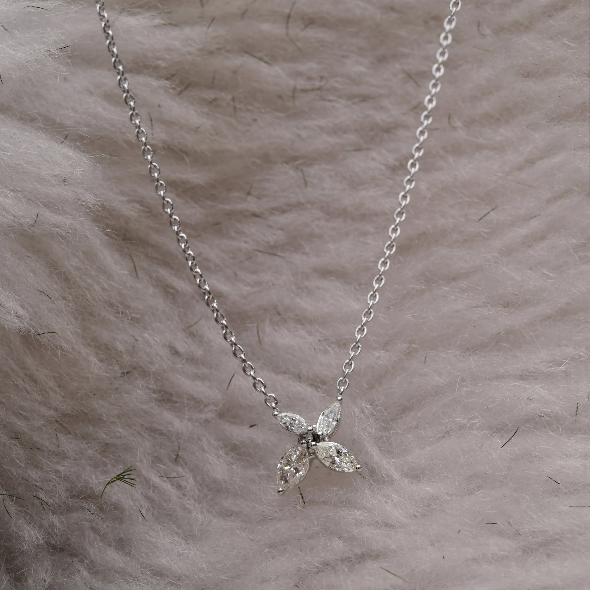 Diamond Floral Pendant Necklace Marquise SI HI 14K Gold