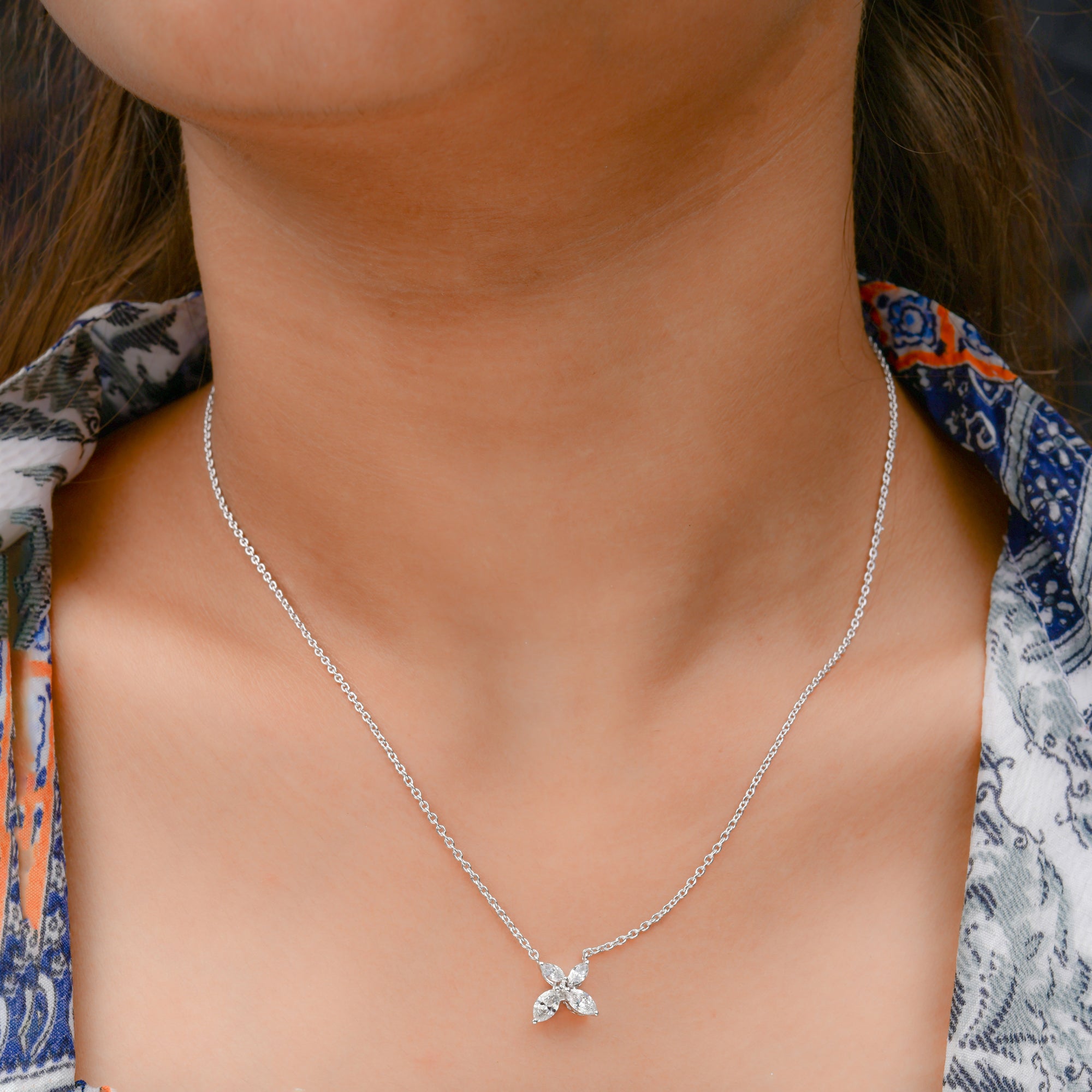 Diamond Floral Pendant Necklace Marquise SI HI 14K Gold