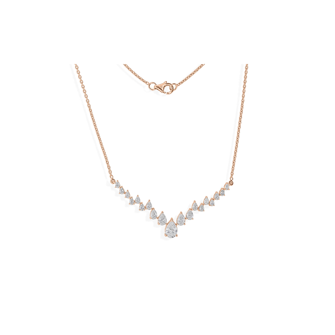 Graduated 2.28Ct Fine Gold Pear Cut Natural Diamond V Shaped Everyday Necklace