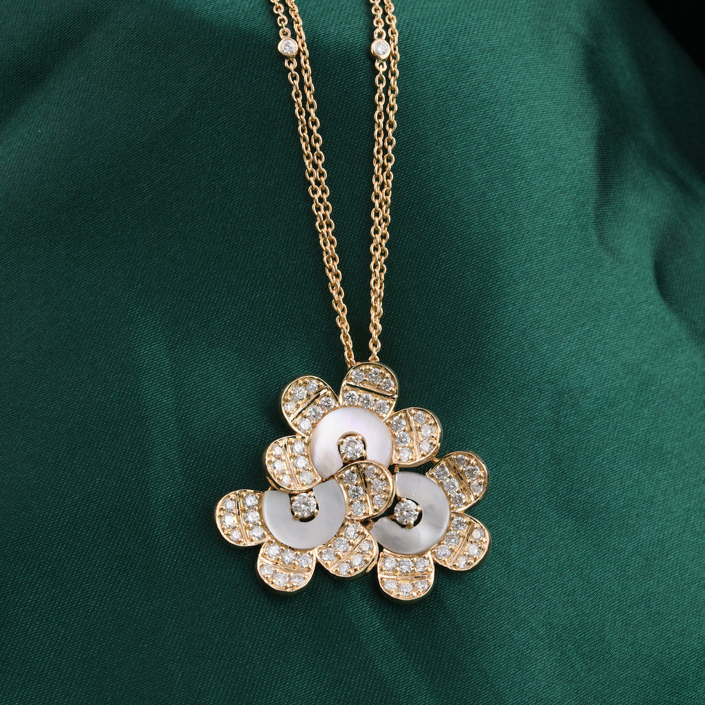 Mother of Pearl Natural Diamond Double Gold Chain Pendant Necklace