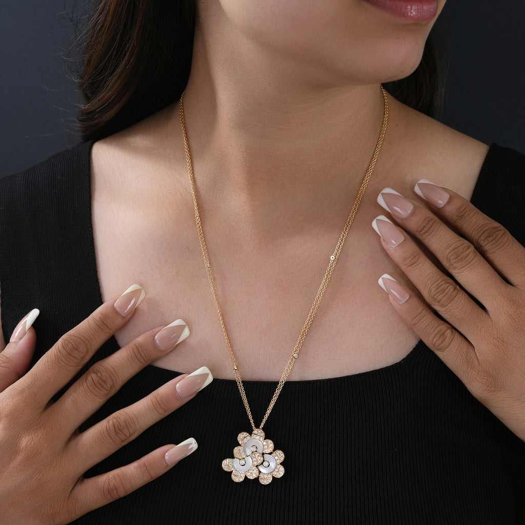 Mother of Pearl Natural Diamond Double Gold Chain Pendant Necklace