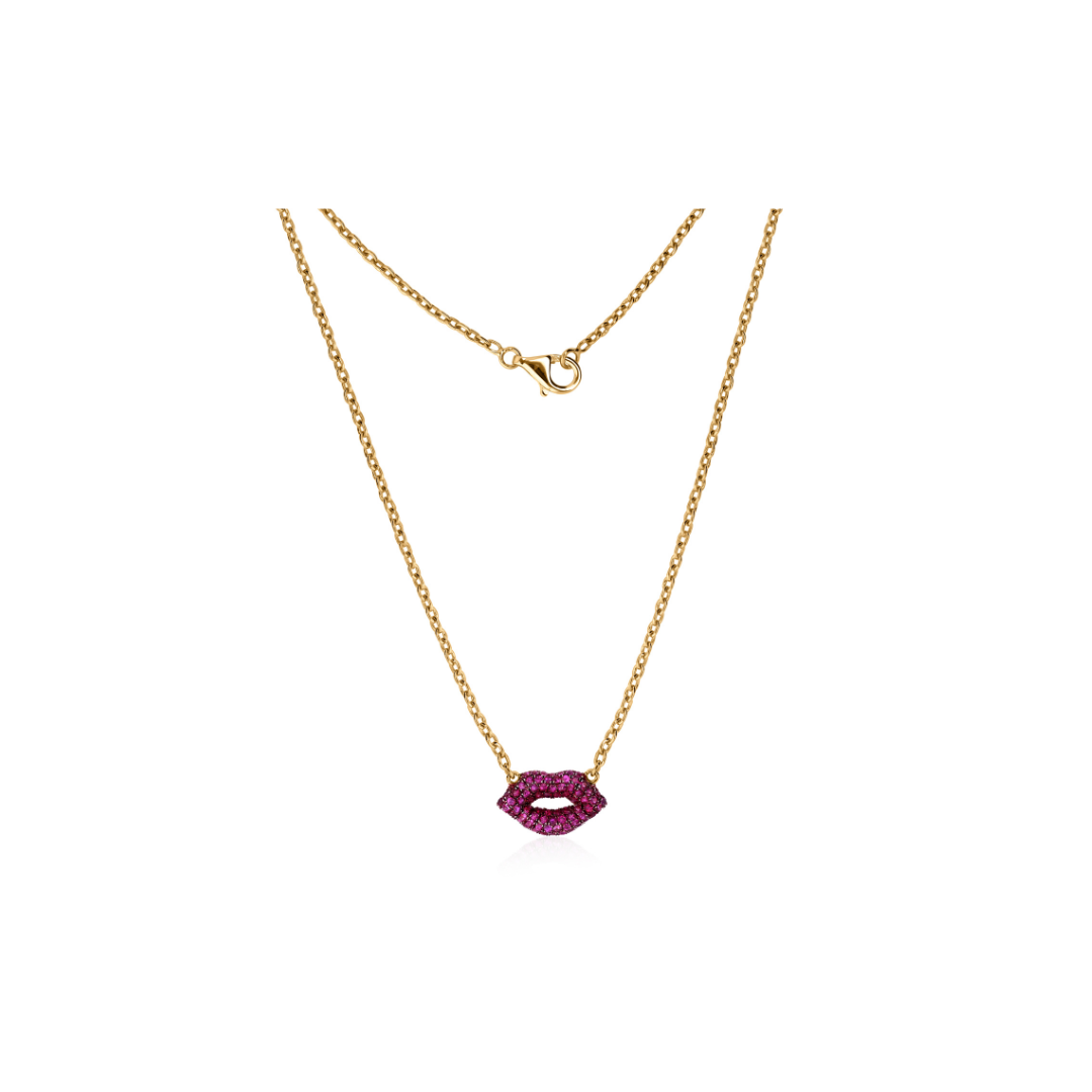 Dainty Gold Lip-Shaped Pink Gemstone Pendant Chain Necklace For Girlfriend