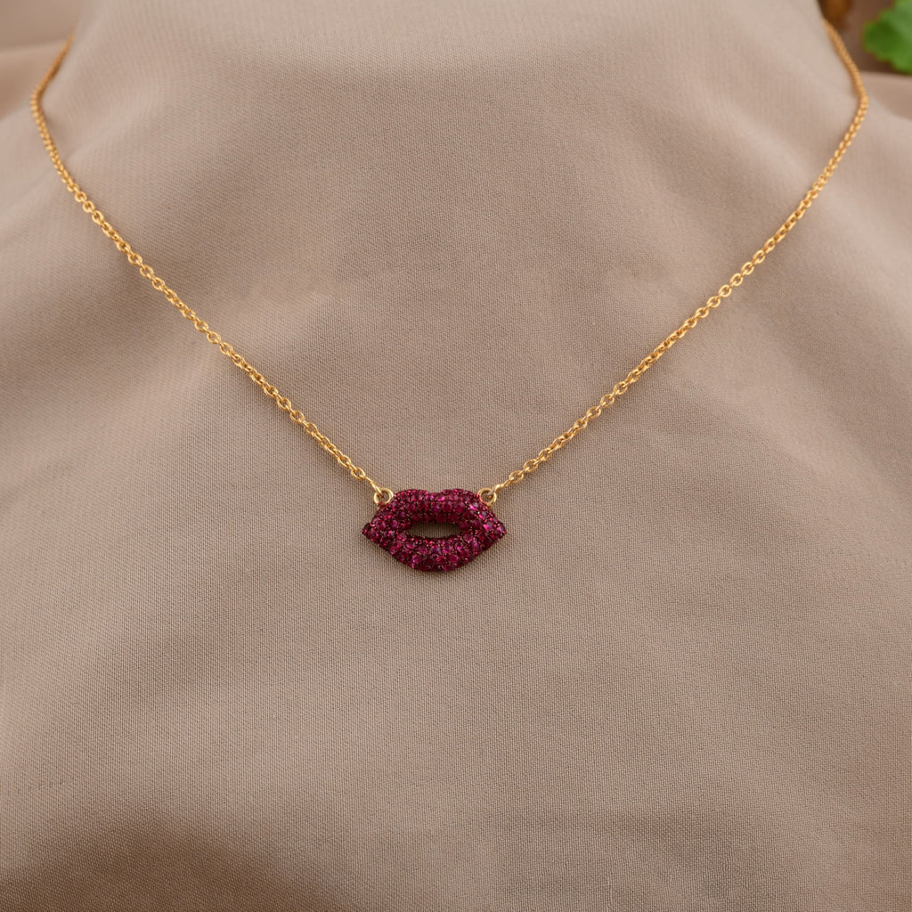 Dainty Gold Lip-Shaped Pink Gemstone Pendant Chain Necklace For Girlfriend