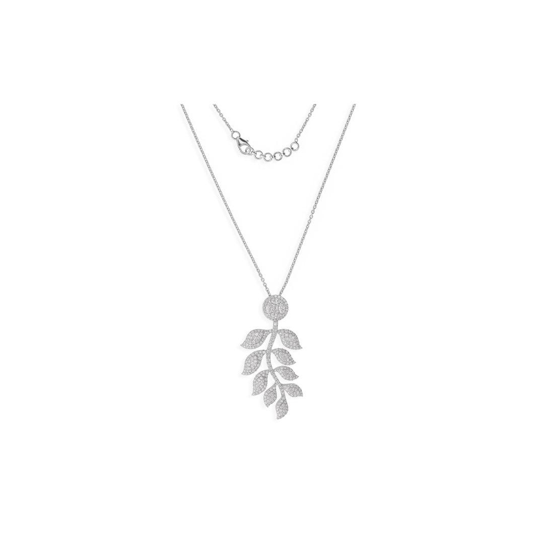 Fine Gold 2.82 Carat Natural Pave Diamond Leaf Pendant Chain Necklace