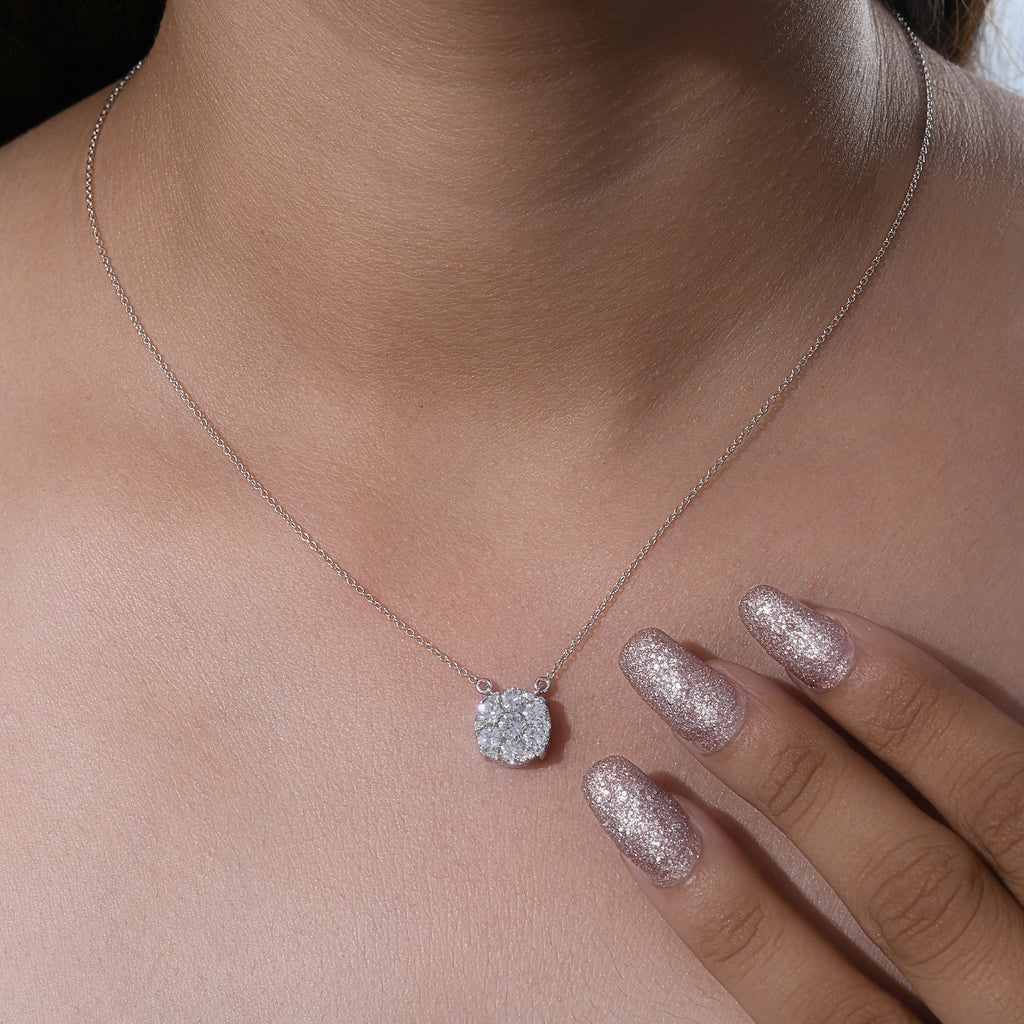 Dainty Round Cluster Natural Diamond Fine Gold Chain Pendant Necklace