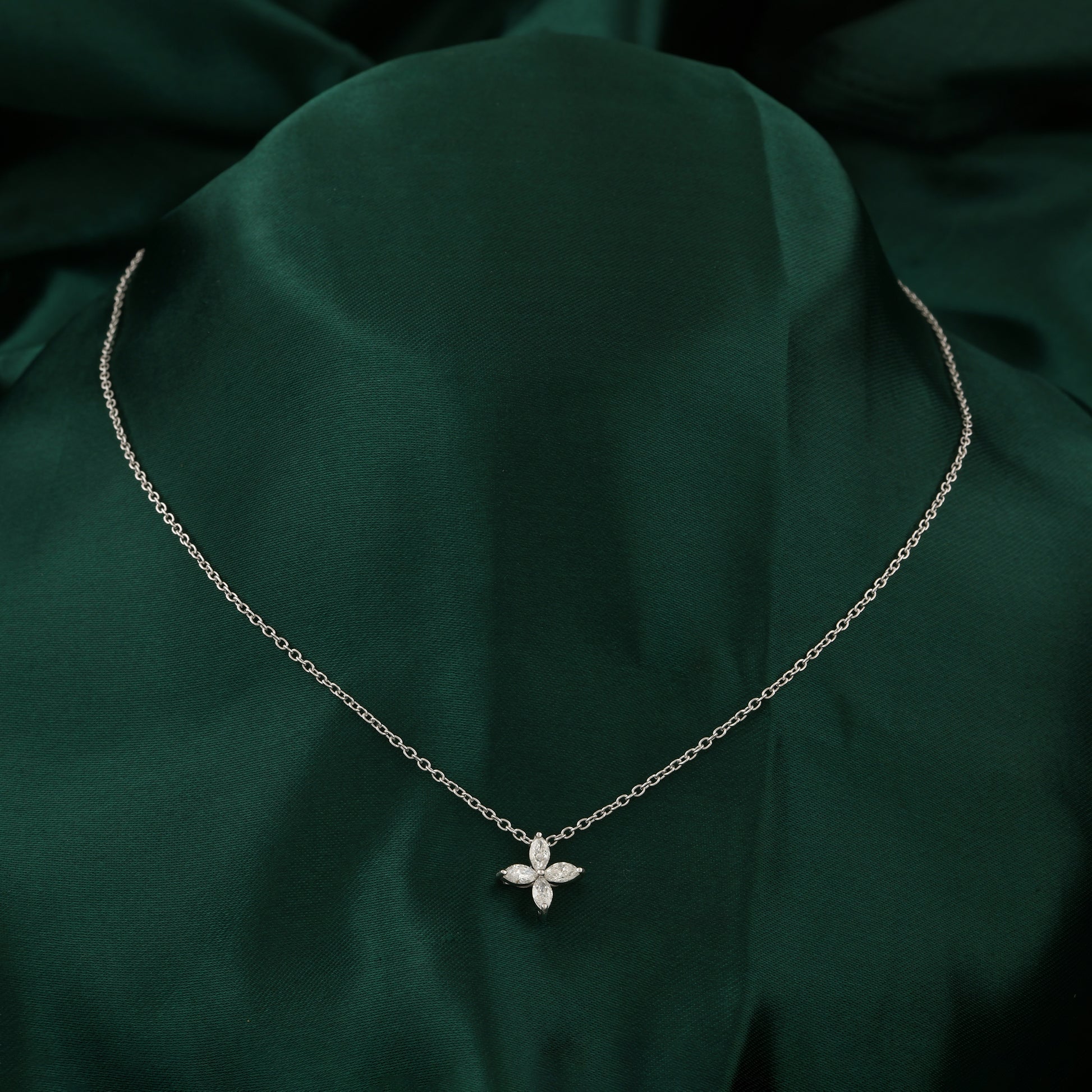 Delicate Floral Marquise Cut Natural Diamond Gold Pendant Necklace