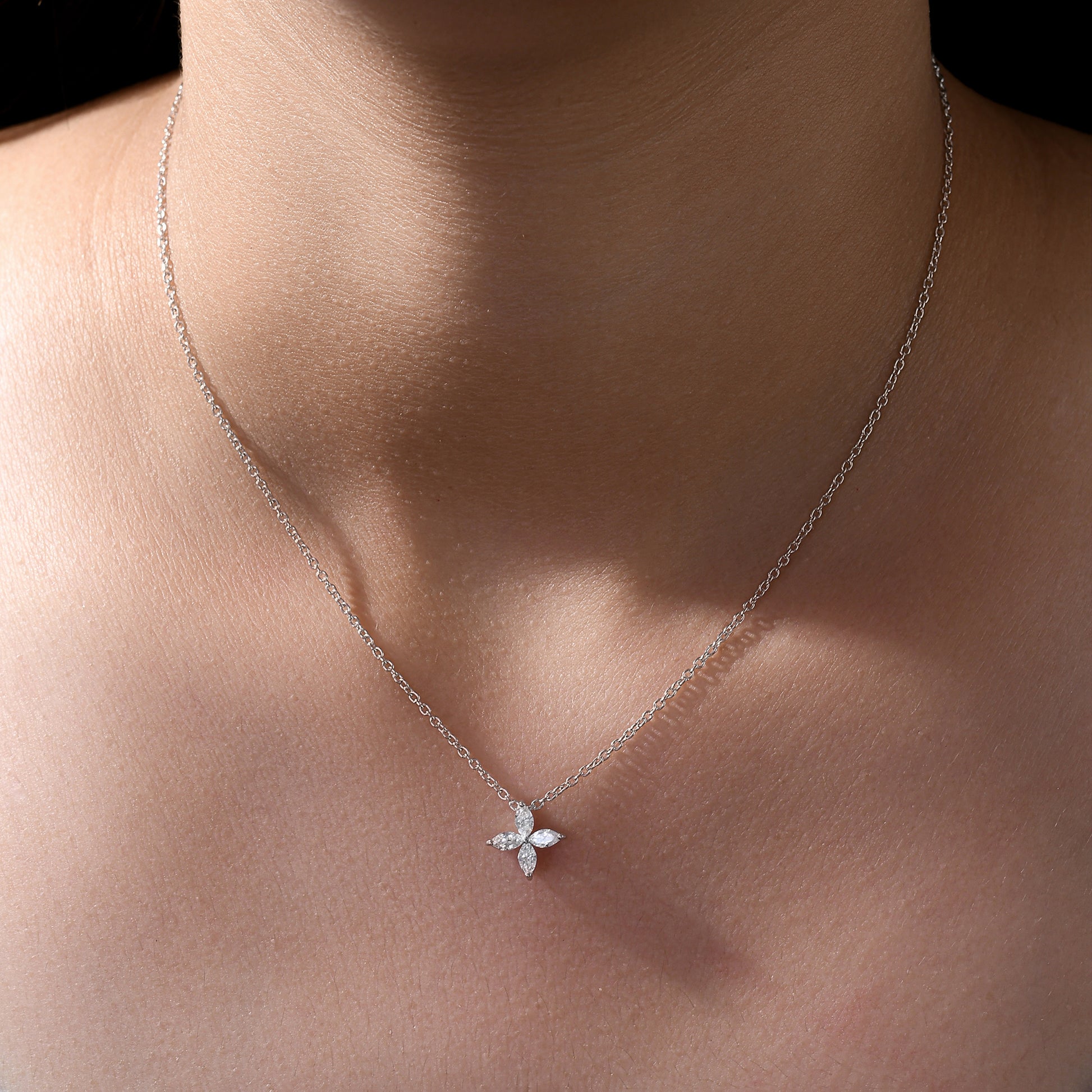 Delicate Floral Marquise Cut Natural Diamond Gold Pendant Necklace