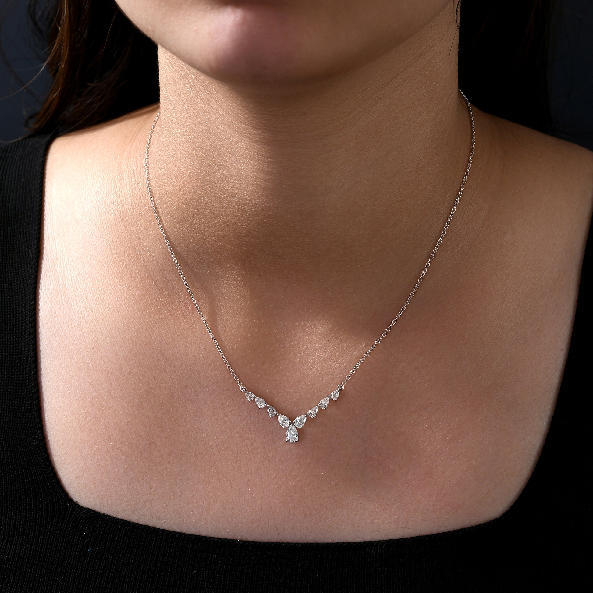 Timeless Fine Gold Natural Pear Cut Diamond Graduated Pendant Necklace